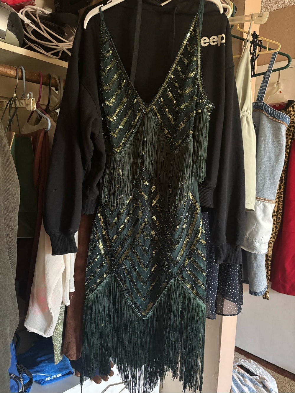 Emerald Green Sequin Fringe Mini Dress